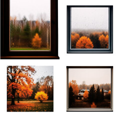 Autumn scenes through window frames with raindrops on glass  
