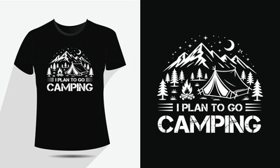 Vintage Camping and Mountain T-Shirt Design, Vector Outdoor Nature Adventure Badge with Tent, Fire, and Moon