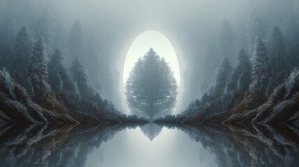 A serene winter landscape with snow-covered trees reflected in a misty lake, creating a symmetrical scene.