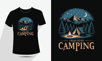 Vintage Camping and Mountain T-Shirt Design, Vector Outdoor Nature Adventure Badge with Tent, Fire, and Moon