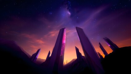 Ethereal Crystal Peaks Under a Starry Sky - Fantasy Landscape