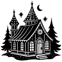 Whimsical black and white silhouette of a cozy winter cabin surrounded by trees