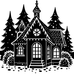 Whimsical black and white silhouette of a cozy winter cabin surrounded by trees