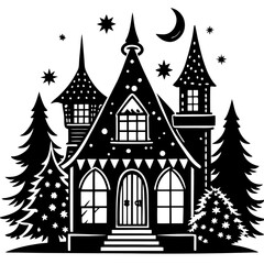 Whimsical black and white silhouette of a cozy winter cabin surrounded by trees