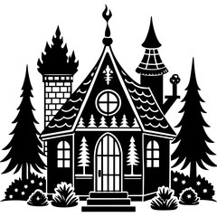 Whimsical black and white silhouette of a cozy winter cabin surrounded by trees