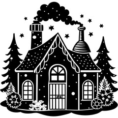 Whimsical black and white silhouette of a cozy winter cabin surrounded by trees