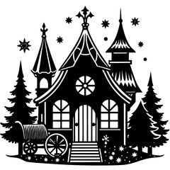 Whimsical black and white silhouette of a cozy winter cabin surrounded by trees