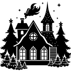 Whimsical black and white silhouette of a cozy winter cabin surrounded by trees