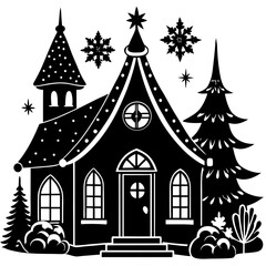 Whimsical black and white silhouette of a cozy winter cabin surrounded by trees