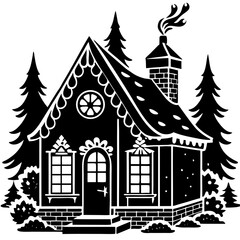 Whimsical black and white silhouette of a cozy winter cabin surrounded by trees