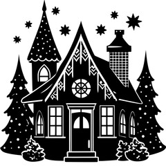 Whimsical black and white silhouette of a cozy winter cabin surrounded by trees