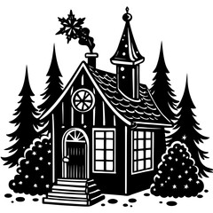 Whimsical black and white silhouette of a cozy winter cabin surrounded by trees