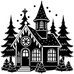 Whimsical black and white silhouette of a cozy winter cabin surrounded by trees