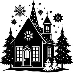 Whimsical black and white silhouette of a cozy winter cabin surrounded by trees