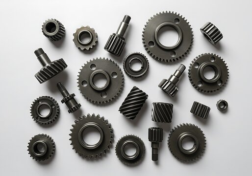 Various metal gears and mechanical components are arranged on a white surface.