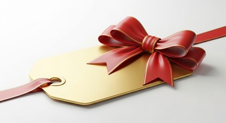 "Golden Christmas Gift Tag with Red Ribbon Bow Isolated on Transparent Background"

