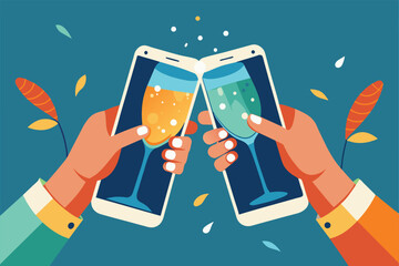 Colorful illustration depicting two hands clinking virtual glasses using smartphones, symbolizing celebration and connection in a digital world. Ideal for themes of technology and remote interaction.