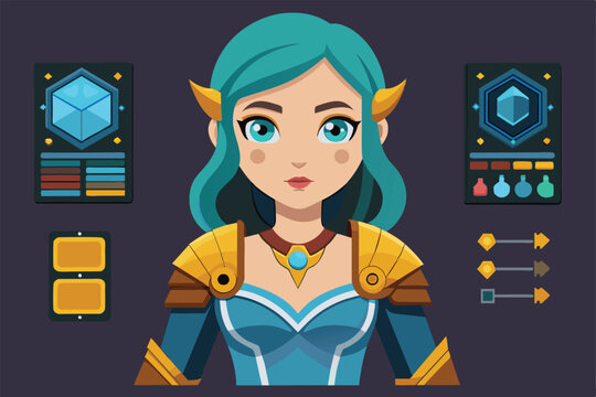 Colorful illustration of a female warrior game character with interactive HUD elements. Perfect for fantasy game design, user interfaces, and character customization elements.