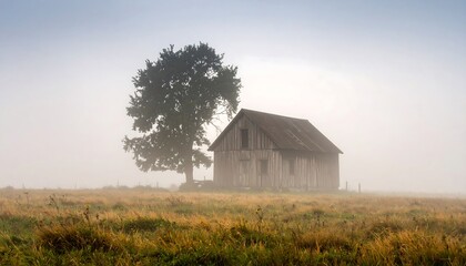 Misty rural landscape with old house and tree