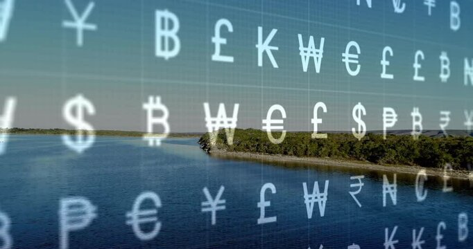 Thin grid appearing over river, glowing currency symbols drifting right showing world currencies