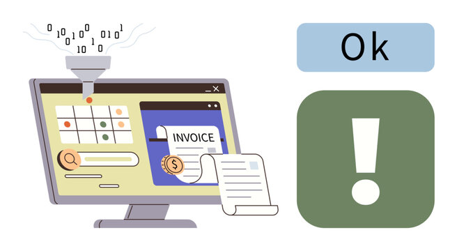 Monitor with invoice software, binary code funneling data, approval symbols, and interface icons. Ideal for technology, automation, machine learning, invoicing, business efficiency data processing