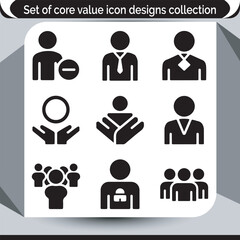 Core Value Icon Designs Collection Depicting Teamwork, Inclusion, Support, and Leadership