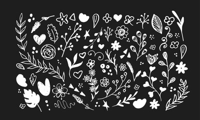 Contemporary abstract minimal tattoo flower stickers. Vector illustration. Ink hand drawn wild flowers set. Abstract plants art in charcoal or crayon drawing style. Pencil drawn floral elements.