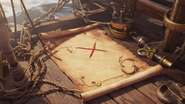 Treasure map on a pirate ship.