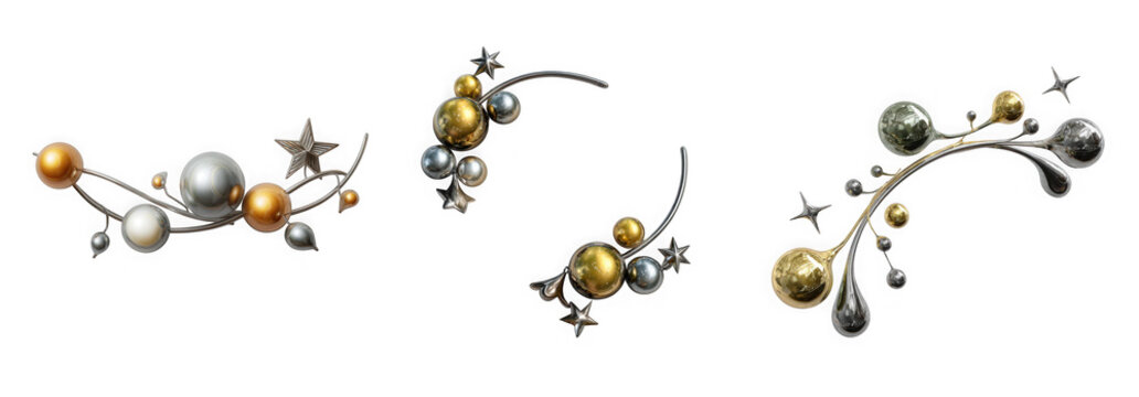 Three modern decorative elements with gold and silver balls and stars isolated on transparent background