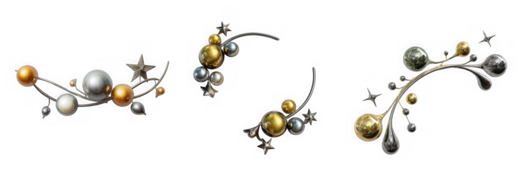 Three modern decorative elements with gold and silver balls and stars isolated on transparent background
