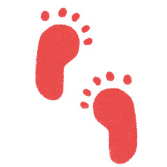 かわいい　手描き　足跡　足形　歩む　セット　赤　シルエット　スタンプ　素材　アイコン　クレヨン風