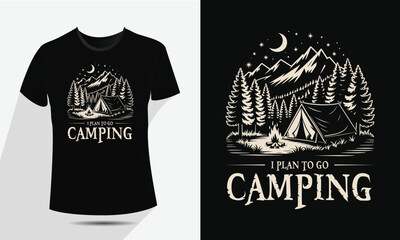 Vintage Camping and Mountain T-Shirt Design, Vector Outdoor Nature Adventure Badge with Tent, Fire, and Moon