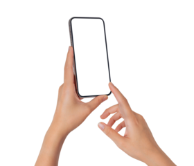 Hand using smartphone with blank screen isolated on transparent PNG.