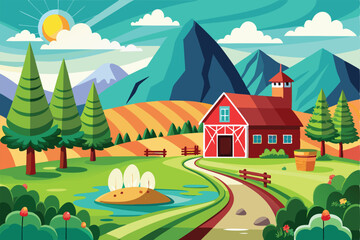 Fototapeta premium Colorful illustration of a picturesque farm scene with a barn, winding path, trees, and mountains, capturing a peaceful rural landscape in a vibrant cartoon art style.