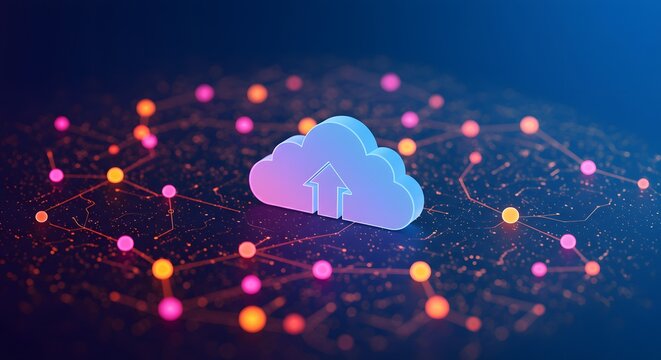 Cloud upload icon surrounded by data nodes
