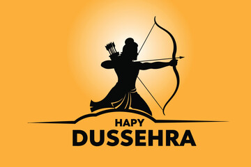Happy Dussehra typography with Lord Rama Bow Arrow Silhouette Vector Festival Illustration .