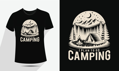 Vintage Camping and Mountain T-Shirt Design, Vector Outdoor Nature Adventure Badge with Tent, Fire, and Moon