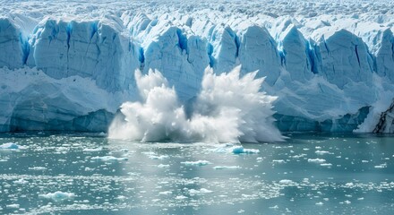 Melting glacier calving huge ice chunk into sea