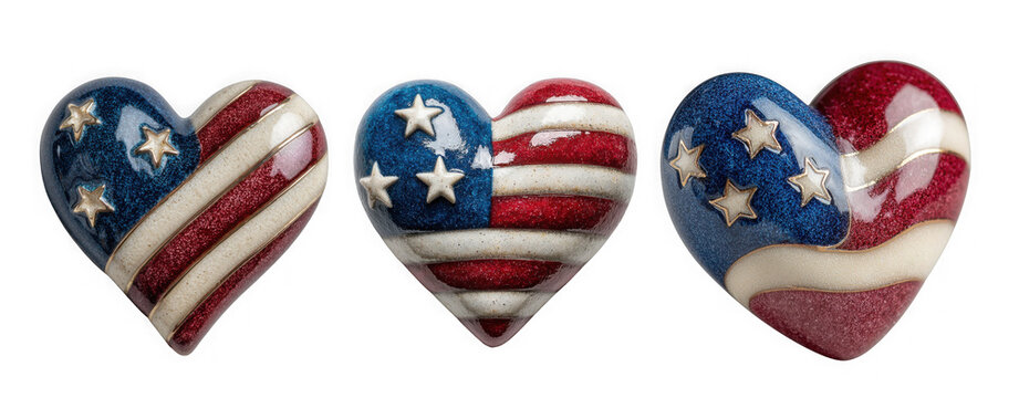 Three patriotic heart ornaments decorated with the american flag and glitter isolated on transparent background