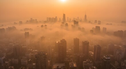 Urban smog haze settling over city skyline
