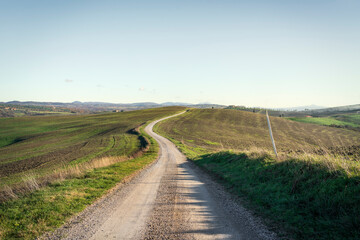 Winding road in the countryside of Lucignano d'Asso, Siena, Tuscany, Italy