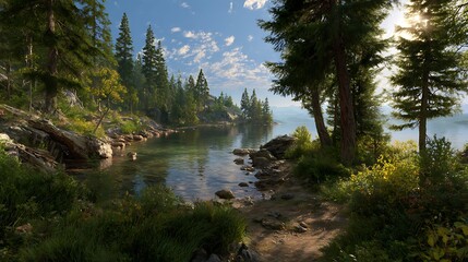 Lake Landscape with Trees and Clear Water