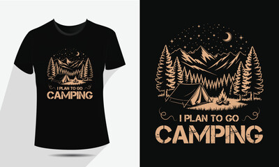 Vintage Camping and Mountain T-Shirt Design, Vector Outdoor Nature Adventure Badge with Tent, Fire, and Moon