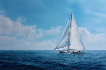 Fototapeta premium Sailboat Gliding Across Calm Waters Under a Clear Blue Sky in the Midday Sun