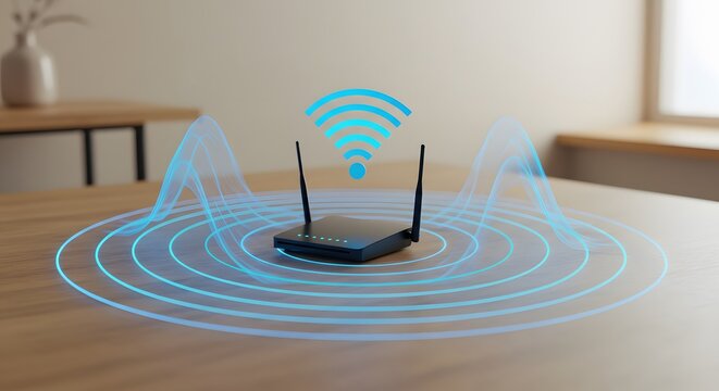WiFi signal waves radiating from central hub