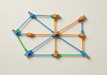 Colorful network cables form a complex interconnected geometric design on white surface.