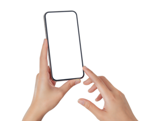 Hand using smartphone with blank screen isolated on transparent PNG.