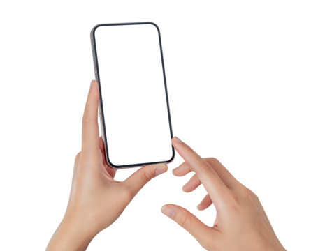 Hand using smartphone with blank screen isolated on transparent PNG.