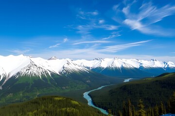 Fototapeta premium Snowy mountains of Alaska, landscape with forests, valleys, and rivers in daytime. Serene wilderness nature composition background wallpaper, travel destination, adventure outdoors