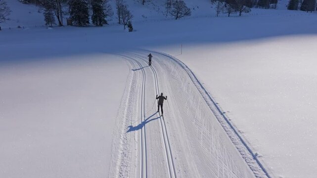 Aerial view of cross-country ski tourers moving over Austria white fields